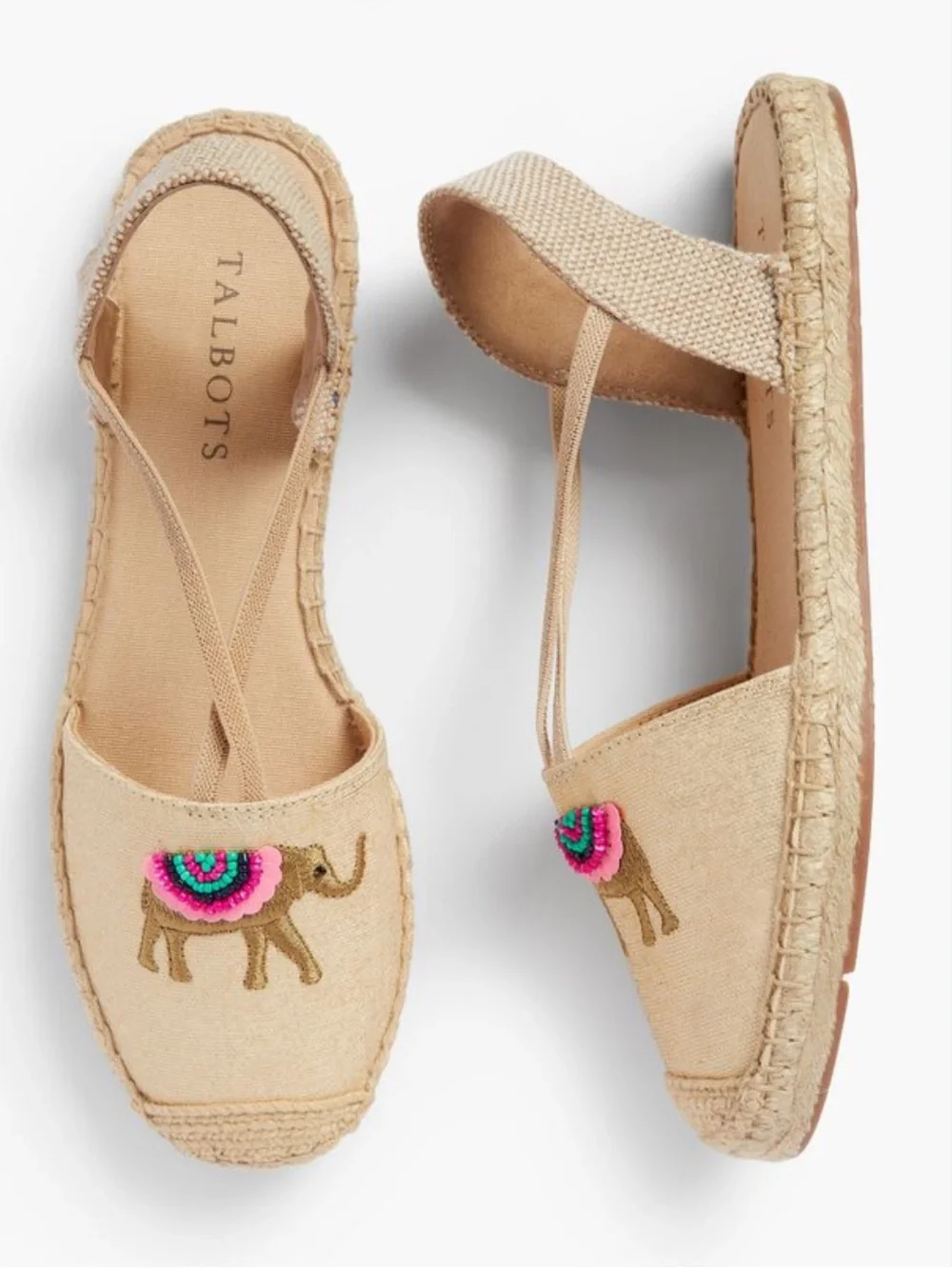 Talbots Beige Canvas Elephant Espadrilles with Beading